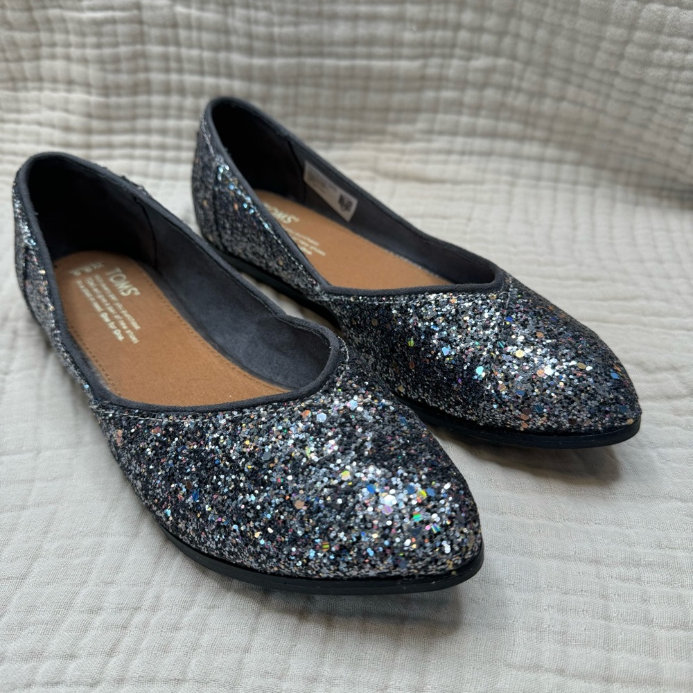 TOMS Jutti Pewter Silver Glitter Flats | Shoes | Almond Toe | Size 8.5